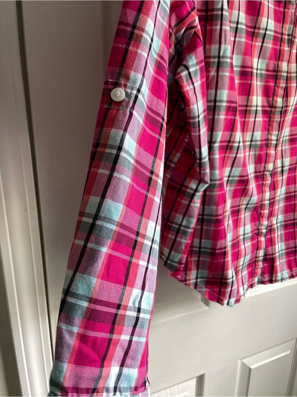 Allison Daley Pink Plaid Ruffle Collar Button-Down Shirt, Size L/XL - Picture 4 of 11